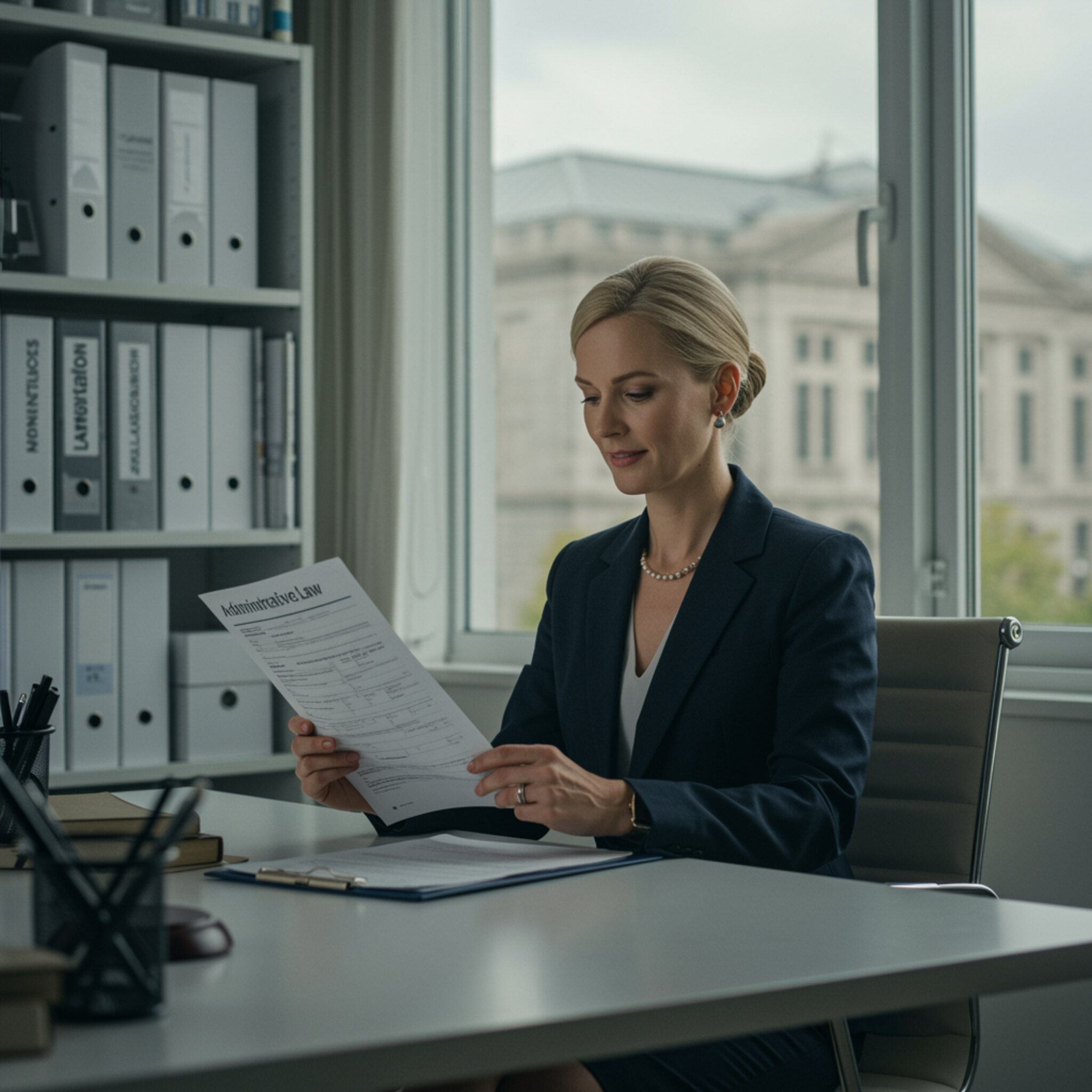 "Abogada profesional especializada en derecho administrativo y fiscal, trabajando en su oficina moderna y luminosa, revisando documentos legales con confianza."